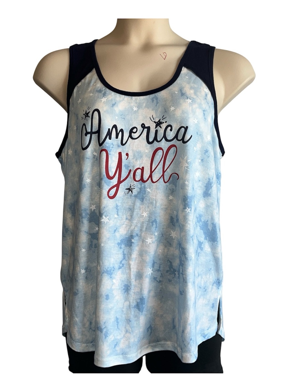 sable Sky Women’s America Y'all Blue Tie-Dye Patriotic Sleeveless Tank Top Sz. L